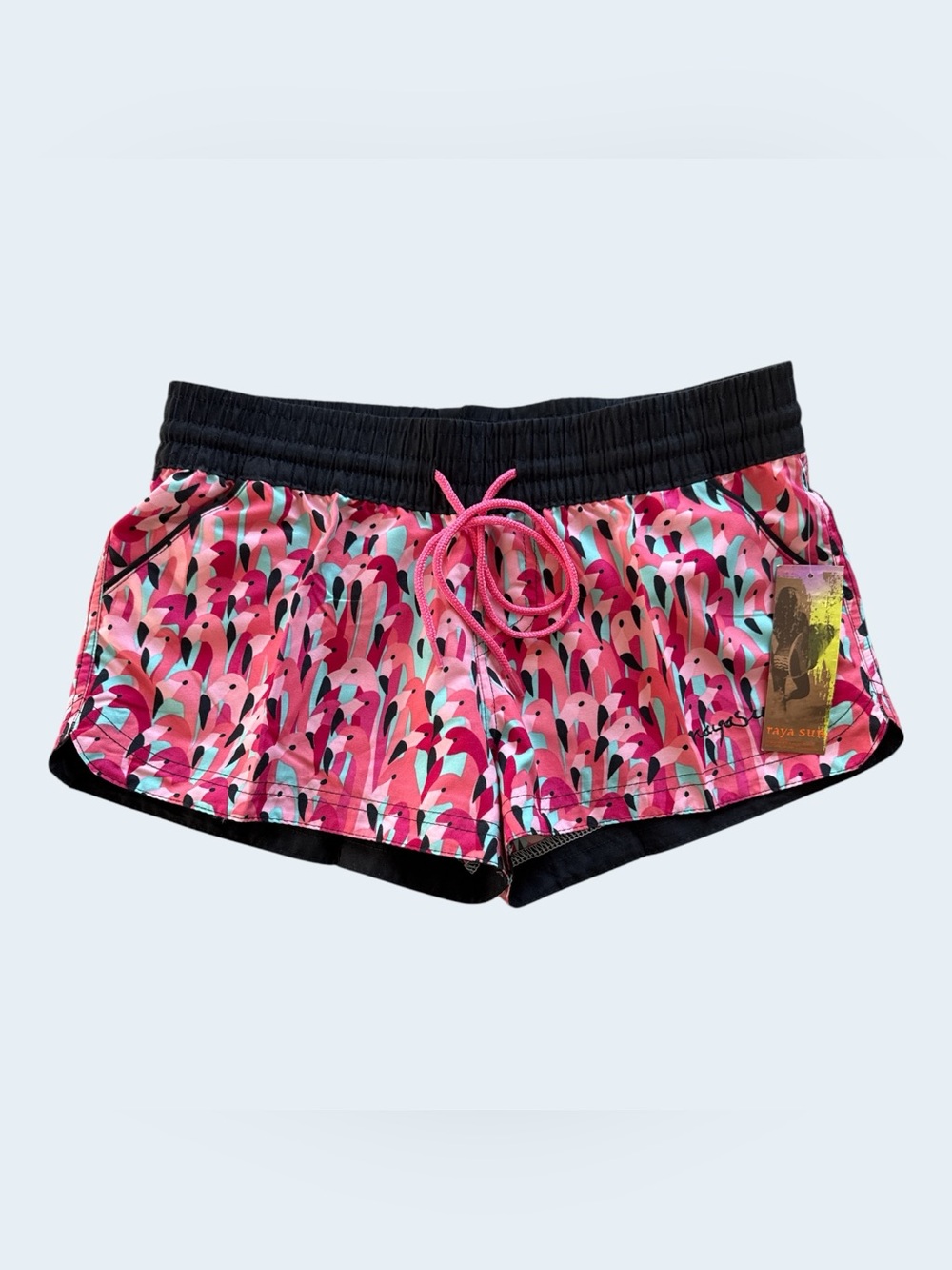 Raya Sun Swim Shorts Pink Flamingo Print Women's XS Board Shorts Cute Polyester